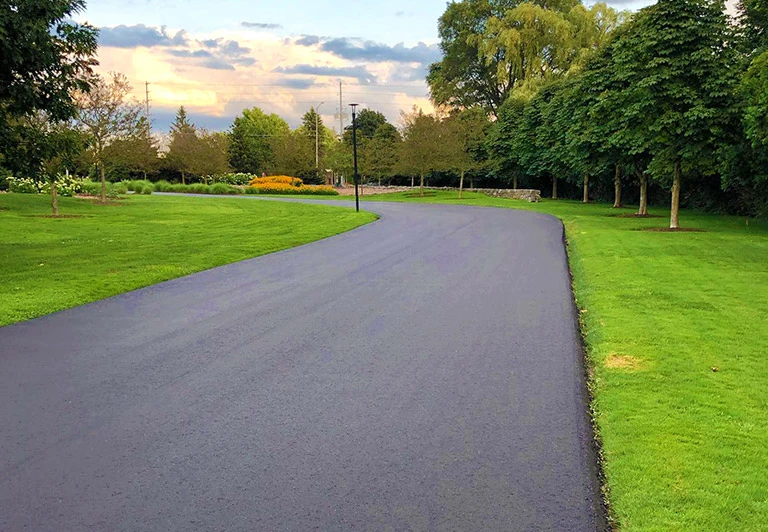 A perfectly smooth, winding asphalt road cutting through a lush green landscape and mature trees.
